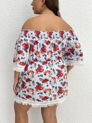  Vacay Blouse Women's Plus Shirred Rose Print Off Shoulder Tie Blouse