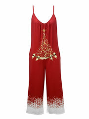  Tree Print V Neck Wide Leg Jumpsuit