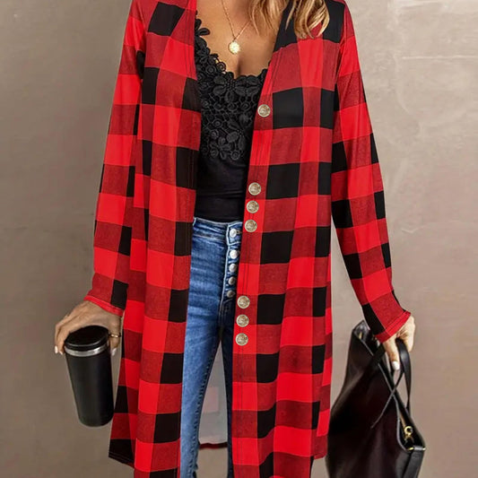  Plaid Print Button Decor V Neck Cardigan