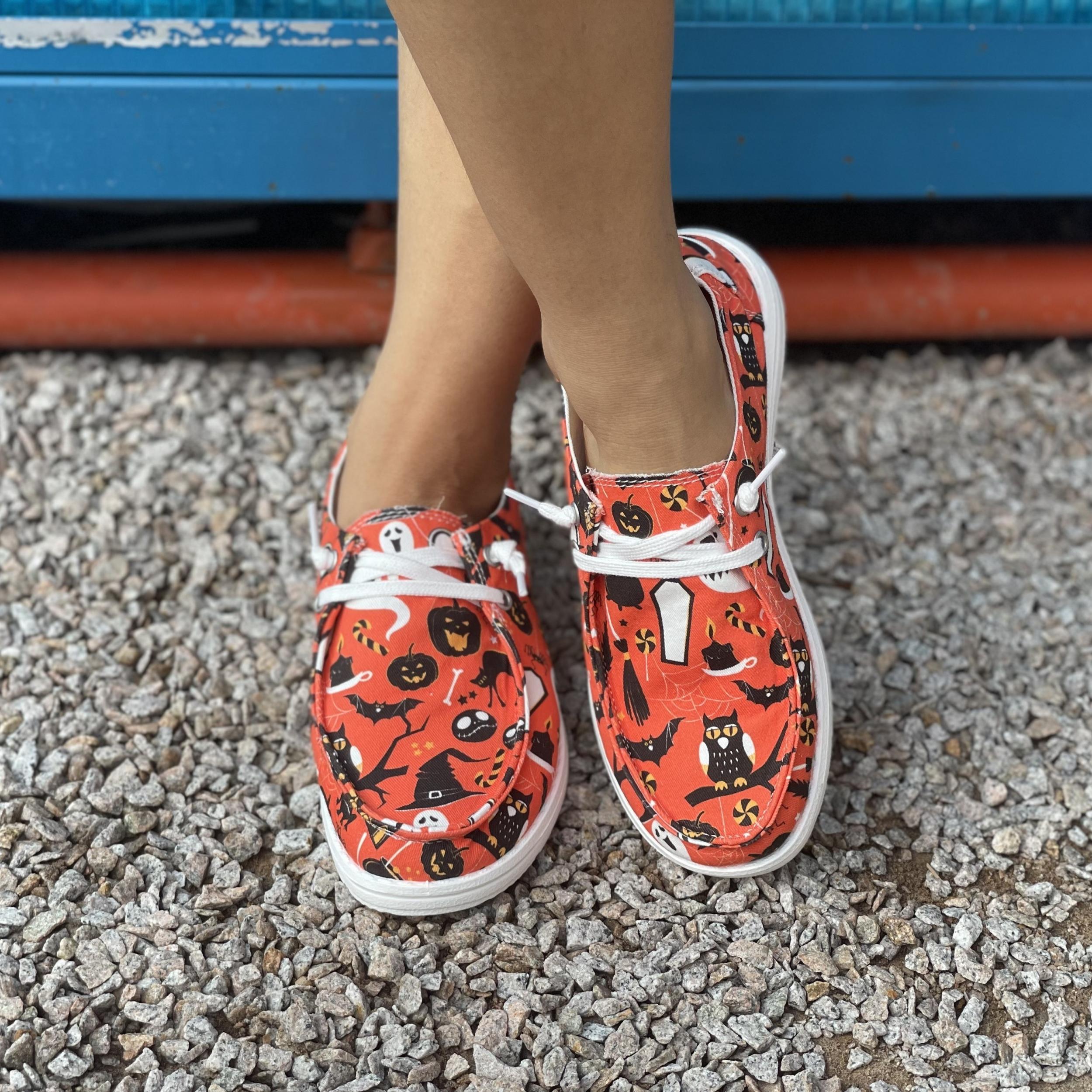Women's Pumpkin & Owl Printed Shoes Low Round Toe Halloween Canvas Shoes