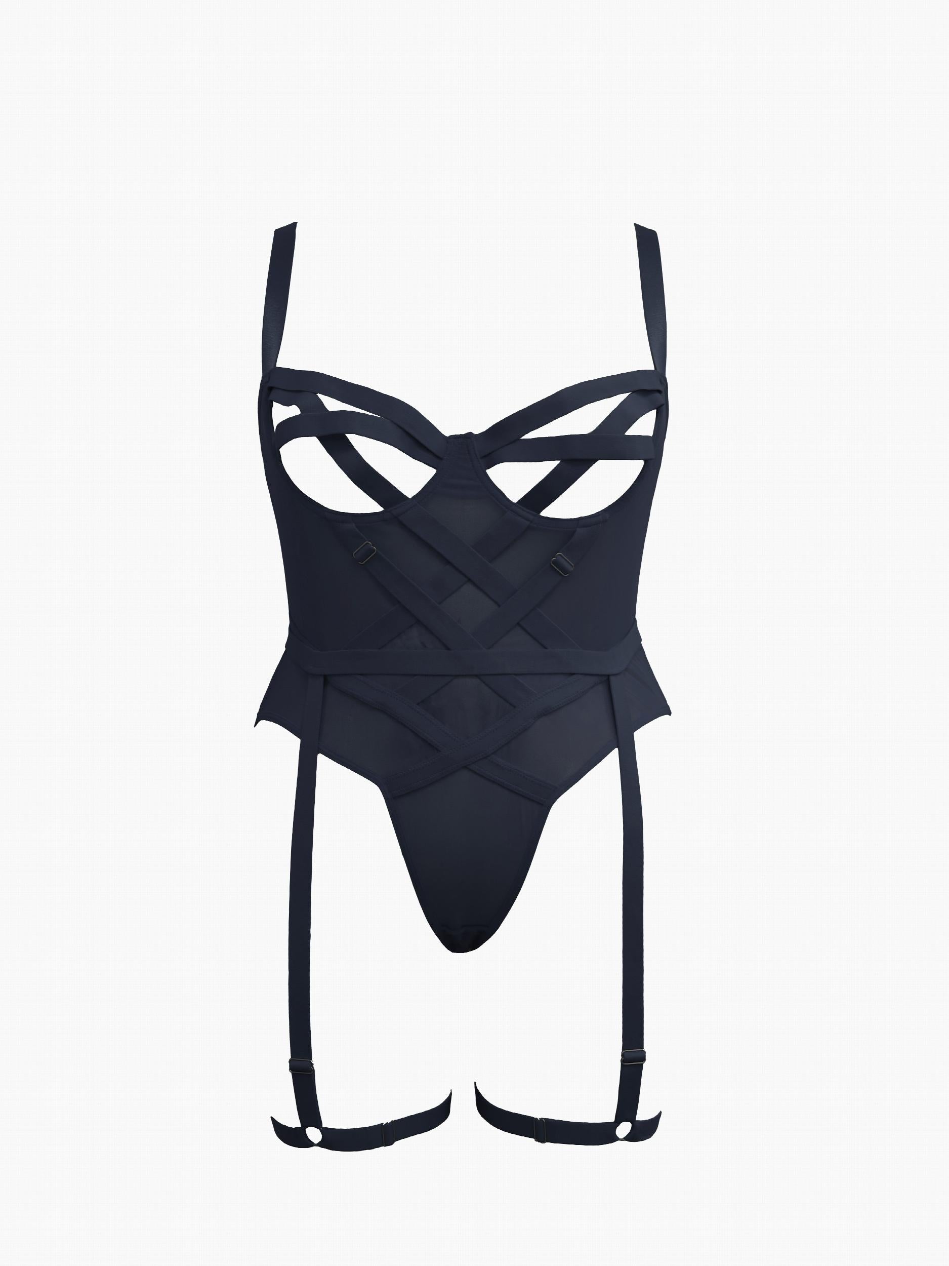  Open Cup Crisscross Mesh Gartered Teddy Bodysuit