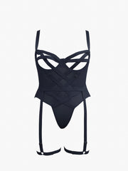  Open Cup Crisscross Mesh Gartered Teddy Bodysuit