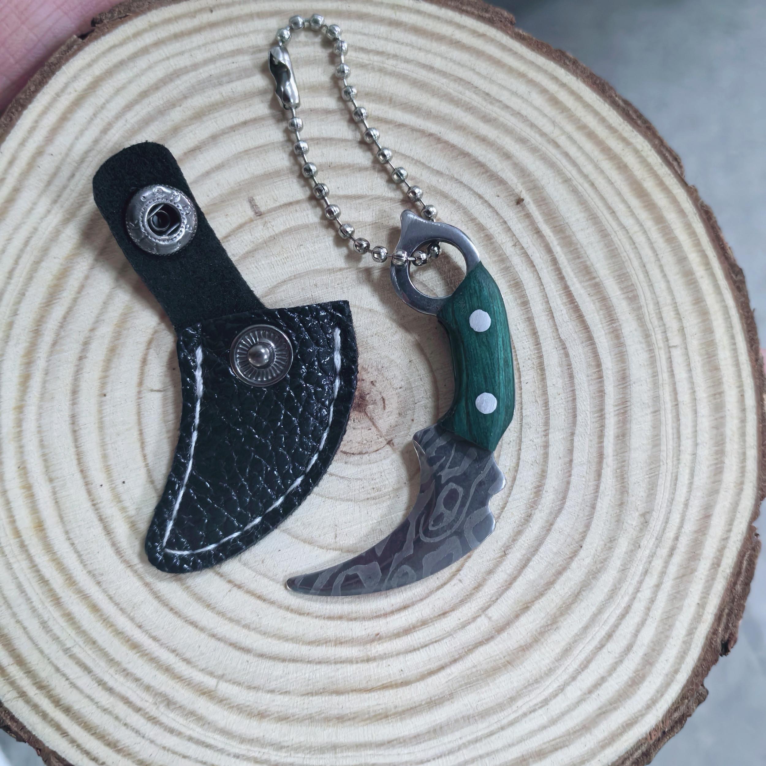 Green red wooden handle mini stainless steel keychain with leather cover