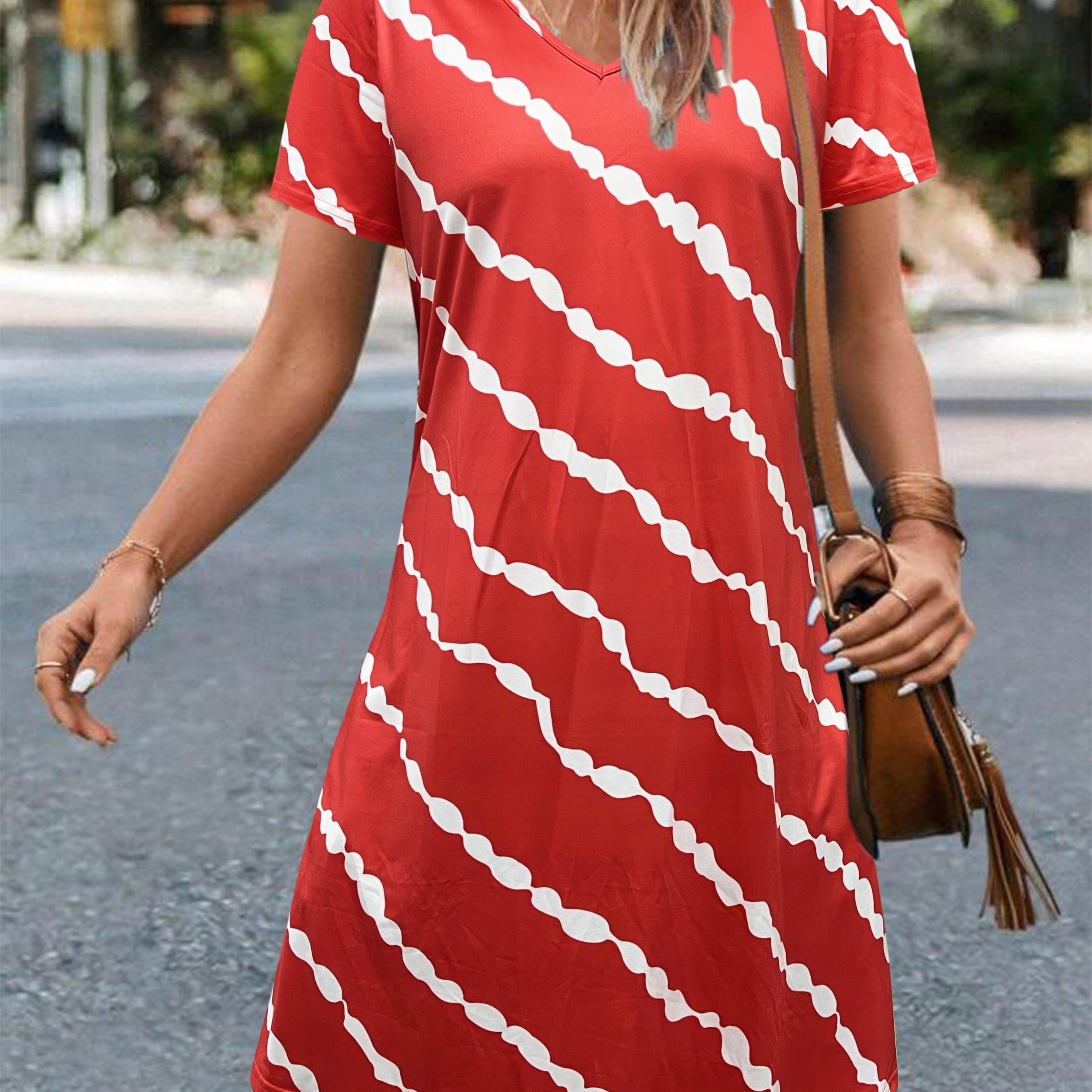  Stripe Print V Neck Medium Stretch Dress