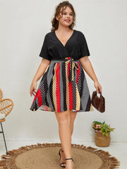  Colorblock Polka Dot Print Short Sleeve Dress