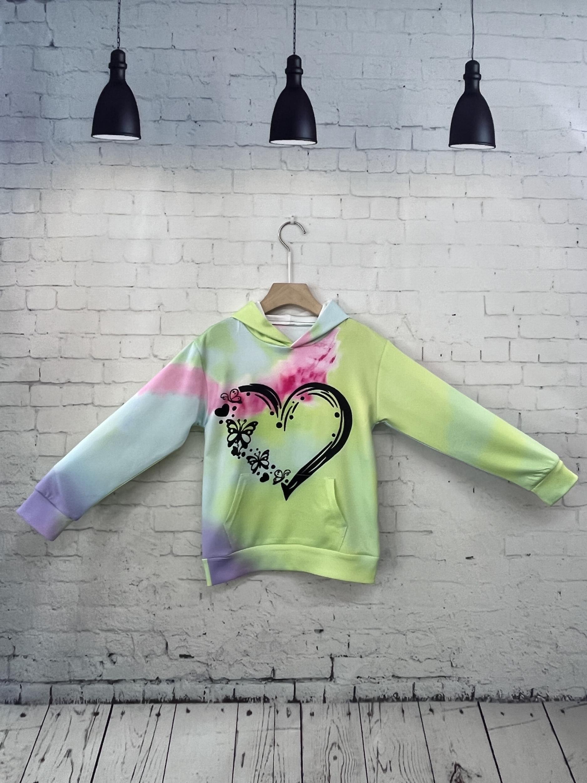 Tie Dye Heart Hoodie Long Sleeve Pullover Girls Spring Fall Gift Sports 4-14y