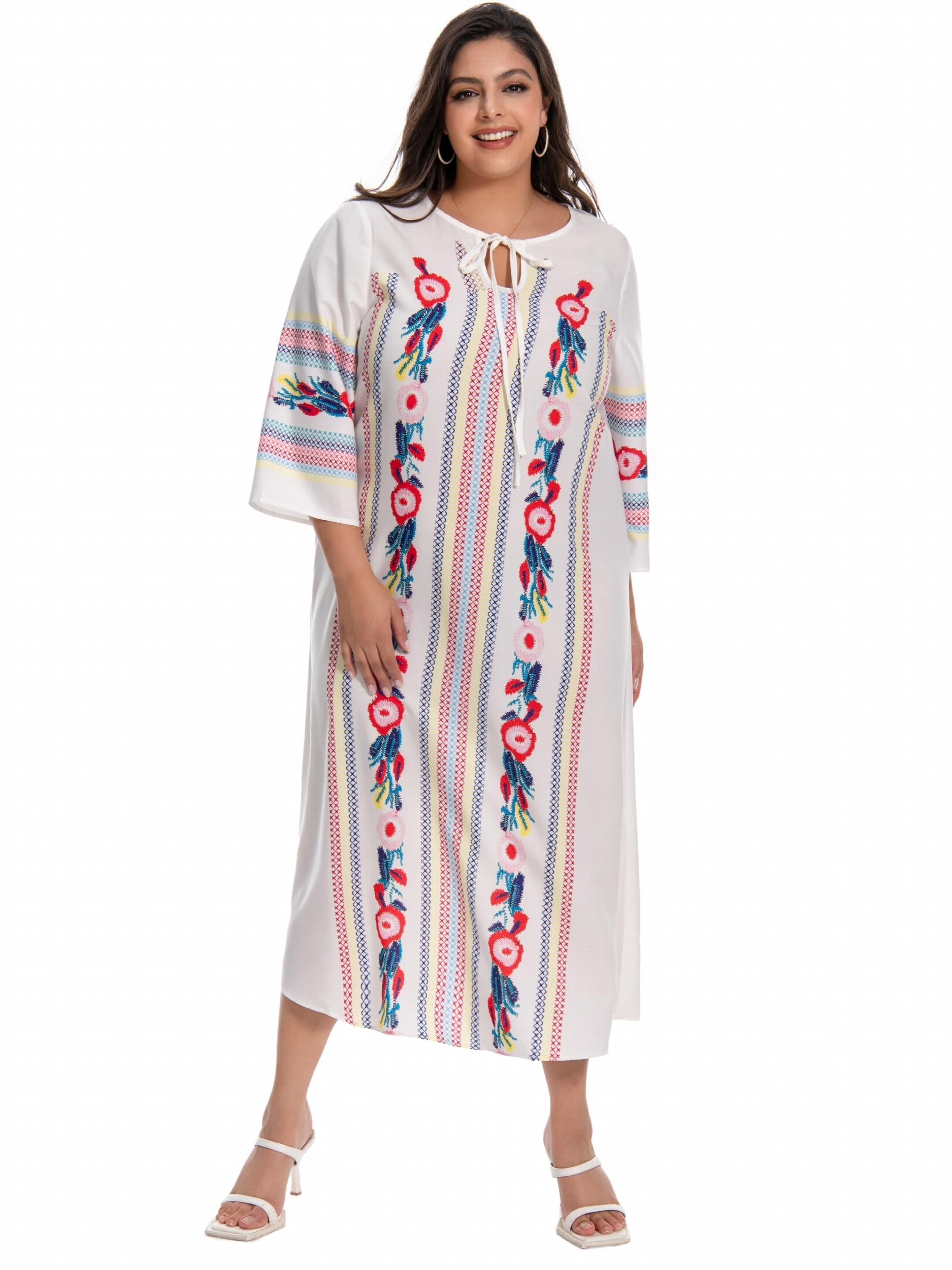  Floral Embroidered Cut Out Tie Front Abaya Dress