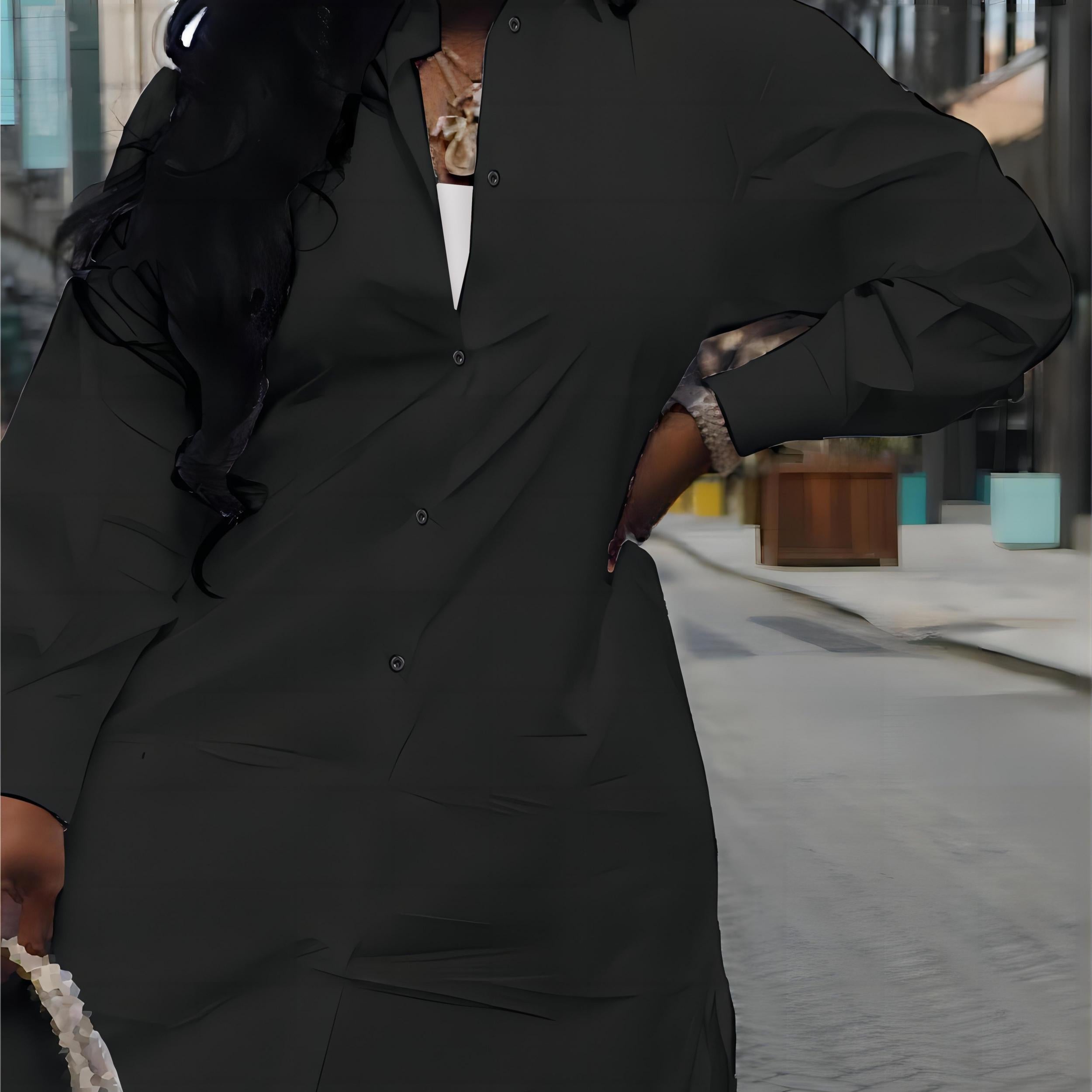 Women's Plus Solid Button Up Lantern Sleeve Midi Shirt Dress