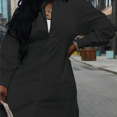 Women's Plus Solid Button Up Lantern Sleeve Midi Shirt Dress