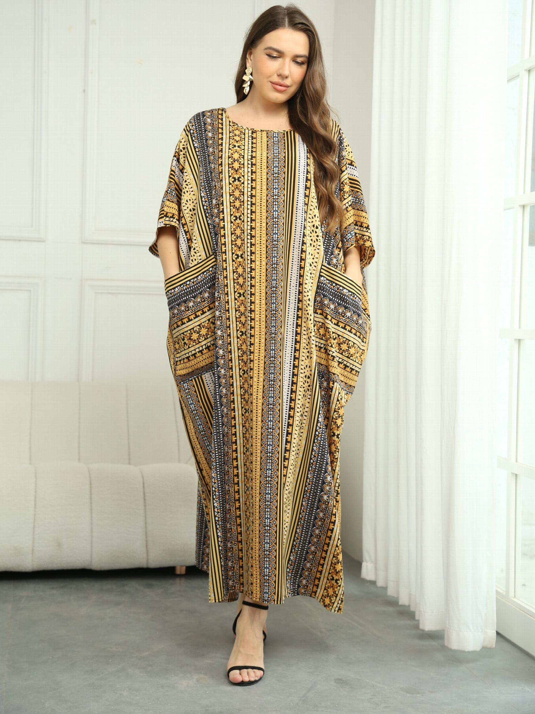  Patchwork Print Batwing Sleeve Loose Fit Maxi Jalabiya Dress