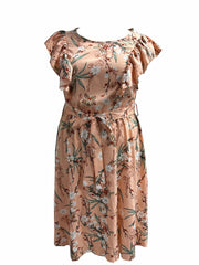  Floral Print Ruffle Trim Cap Sleeve Midi Dress With Belt