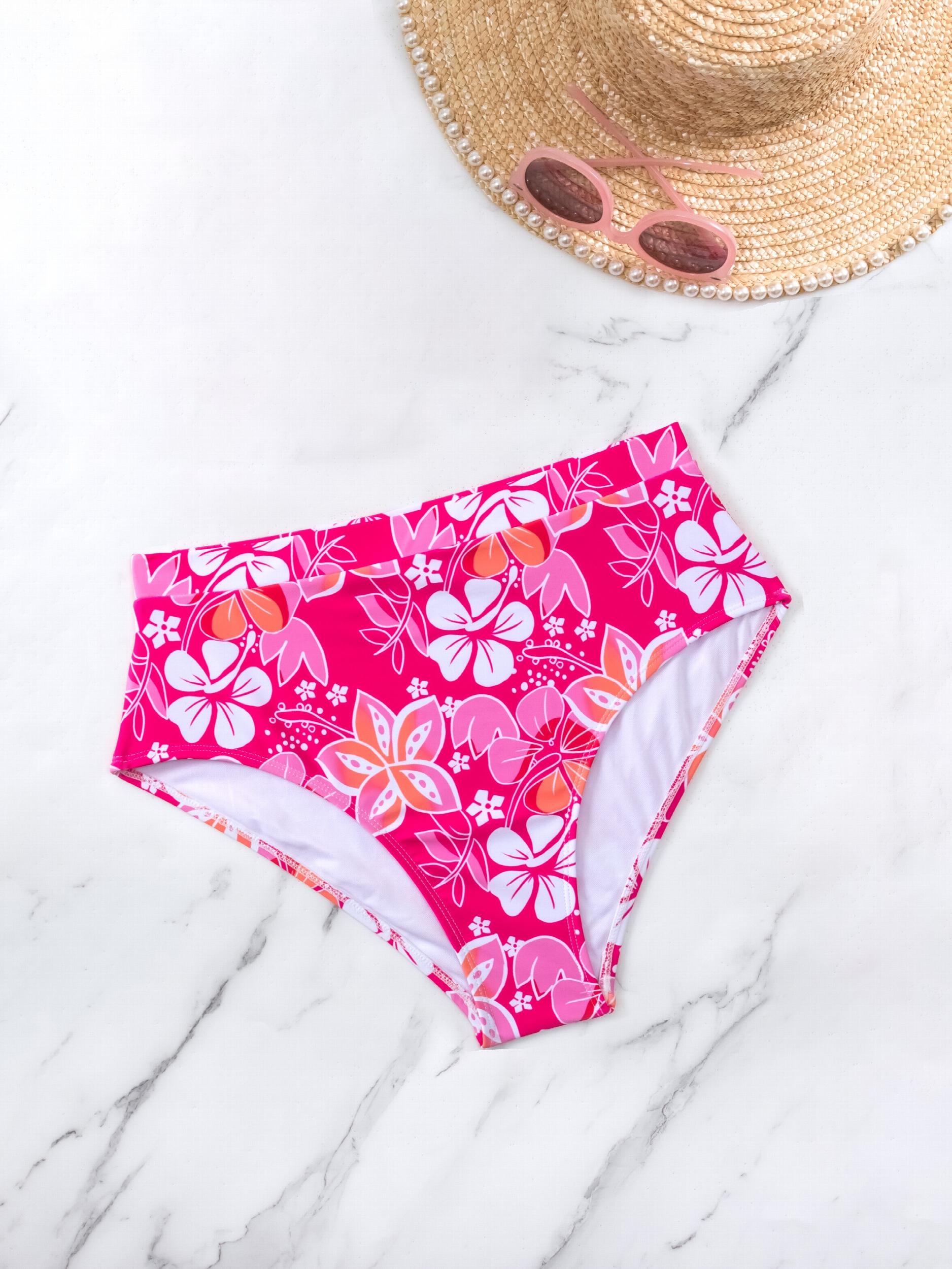 Pink Floral Print High Waist Bikini Bottoms