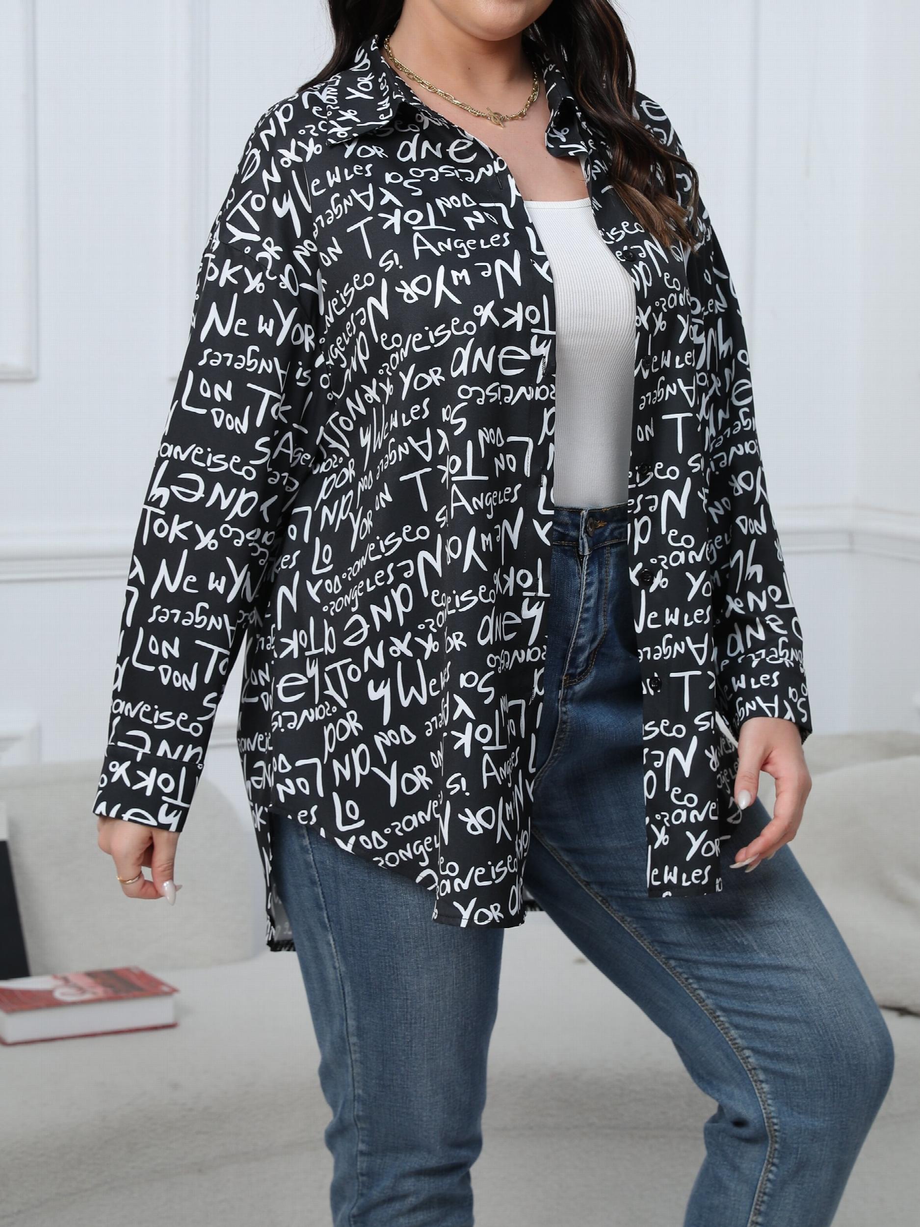  Casual Blouse Women's Plus Graffiti Print Long Sleeve Button Up Shirt