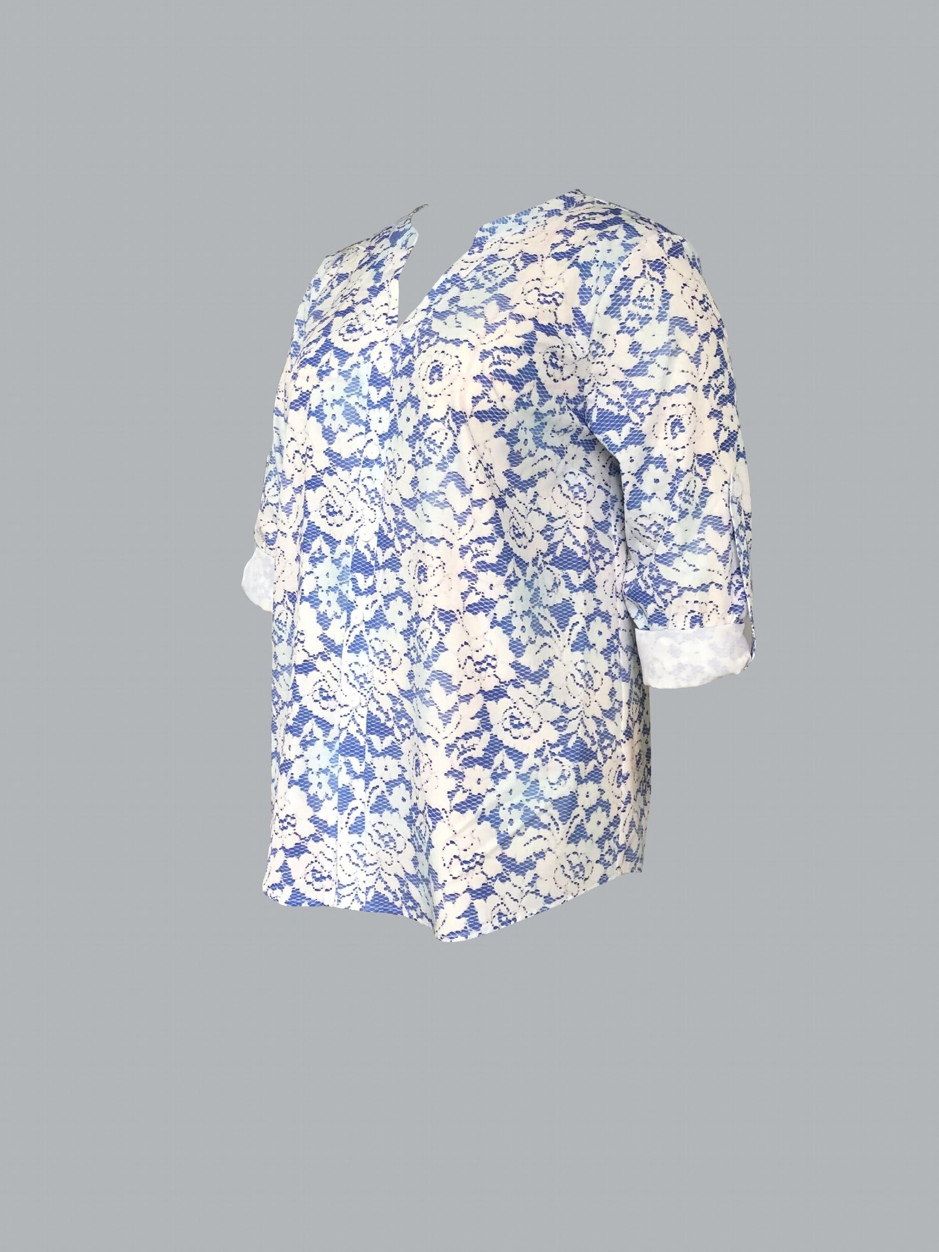  Floral Print Roll Up Sleeve Button Up Tunic Top