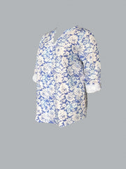  Floral Print Roll Up Sleeve Button Up Tunic Top
