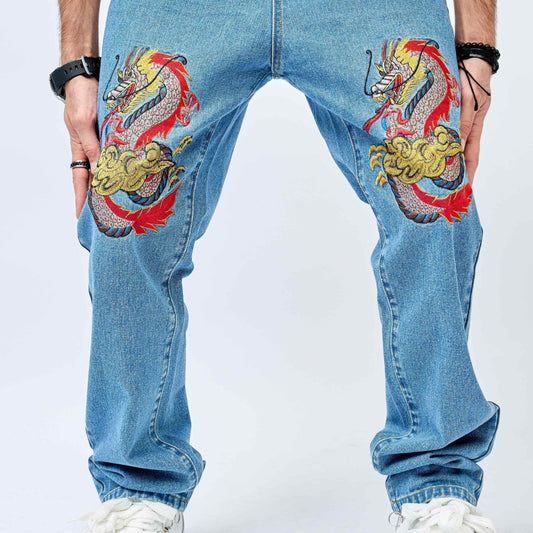 Men's Dragon Pattern Distressed Slim Fit Jeans