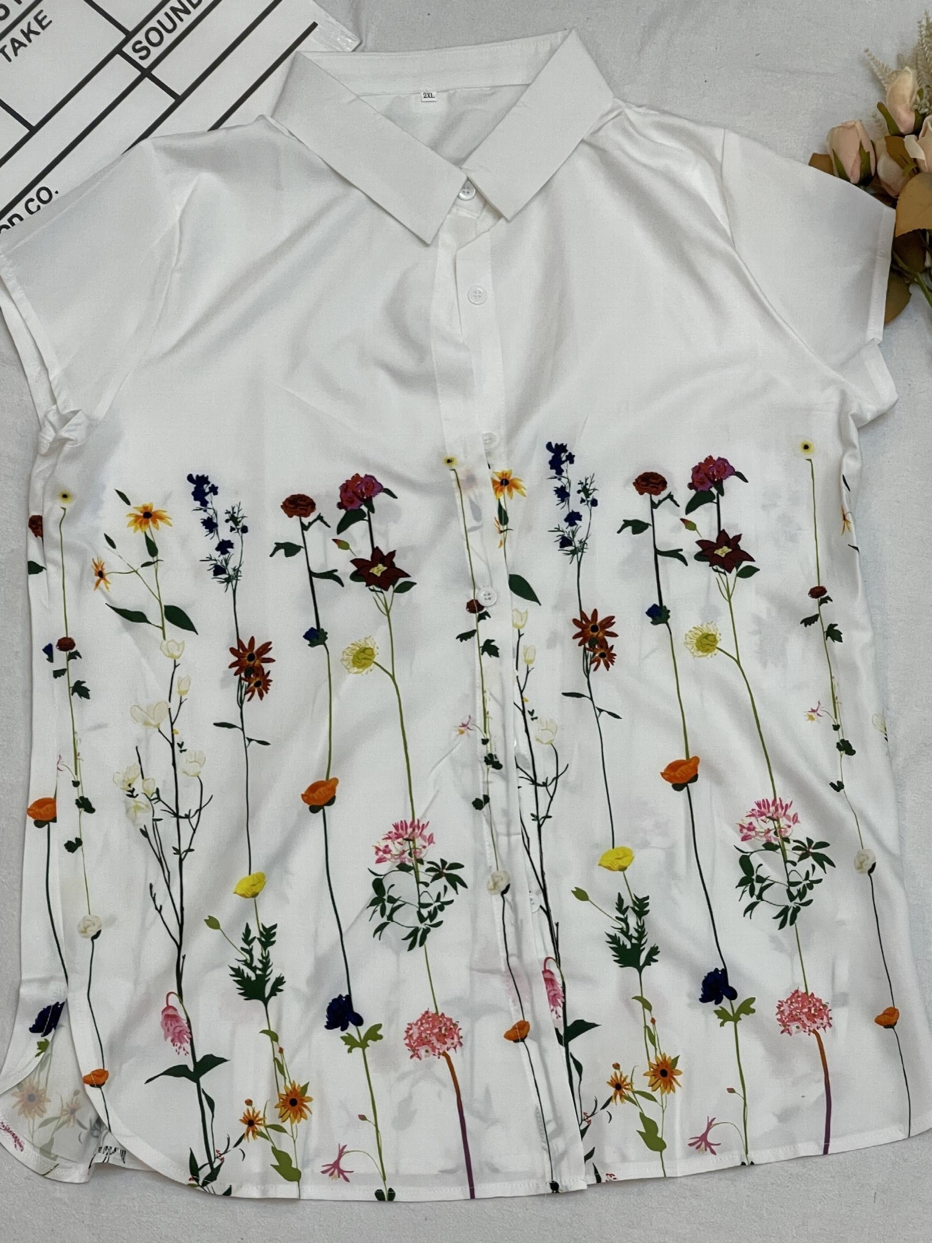  Floral Print Short Sleeve Polo Neck Blouse