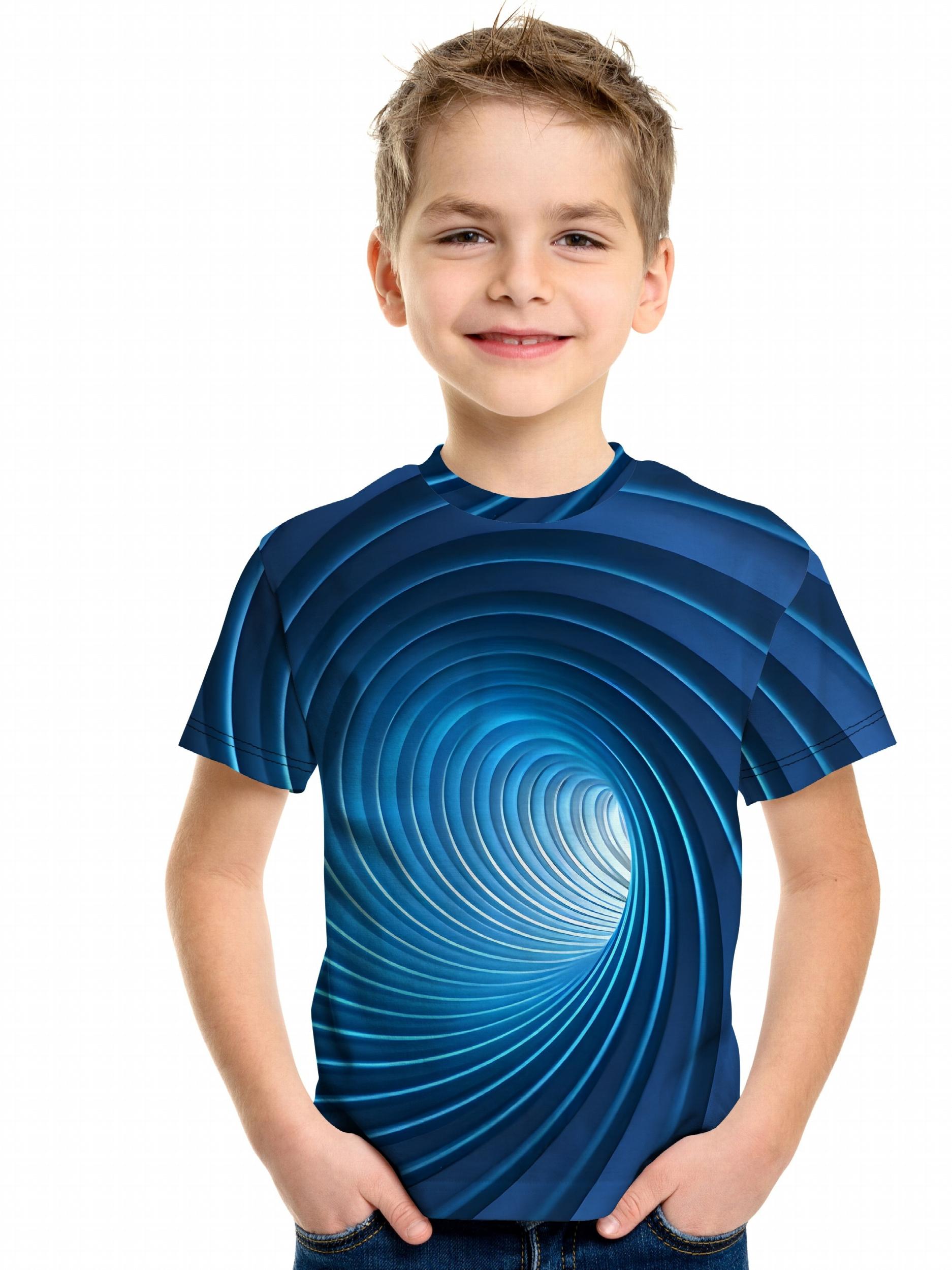 Swirl Line 3D Print Boy's Short Sleeve T-shirt Breathable Casual Top
