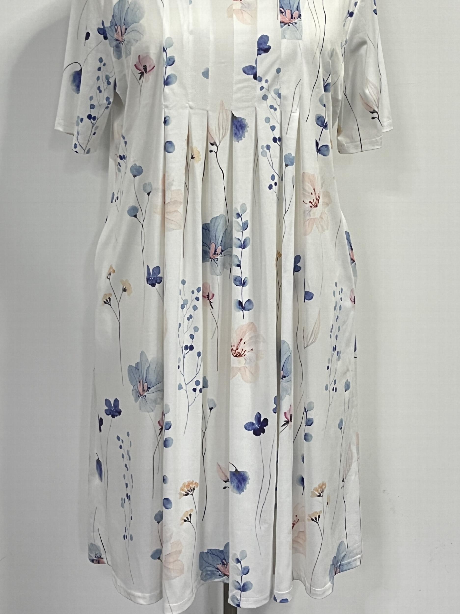  Floral Print Short Sleeve Pleated Dress With Pockets