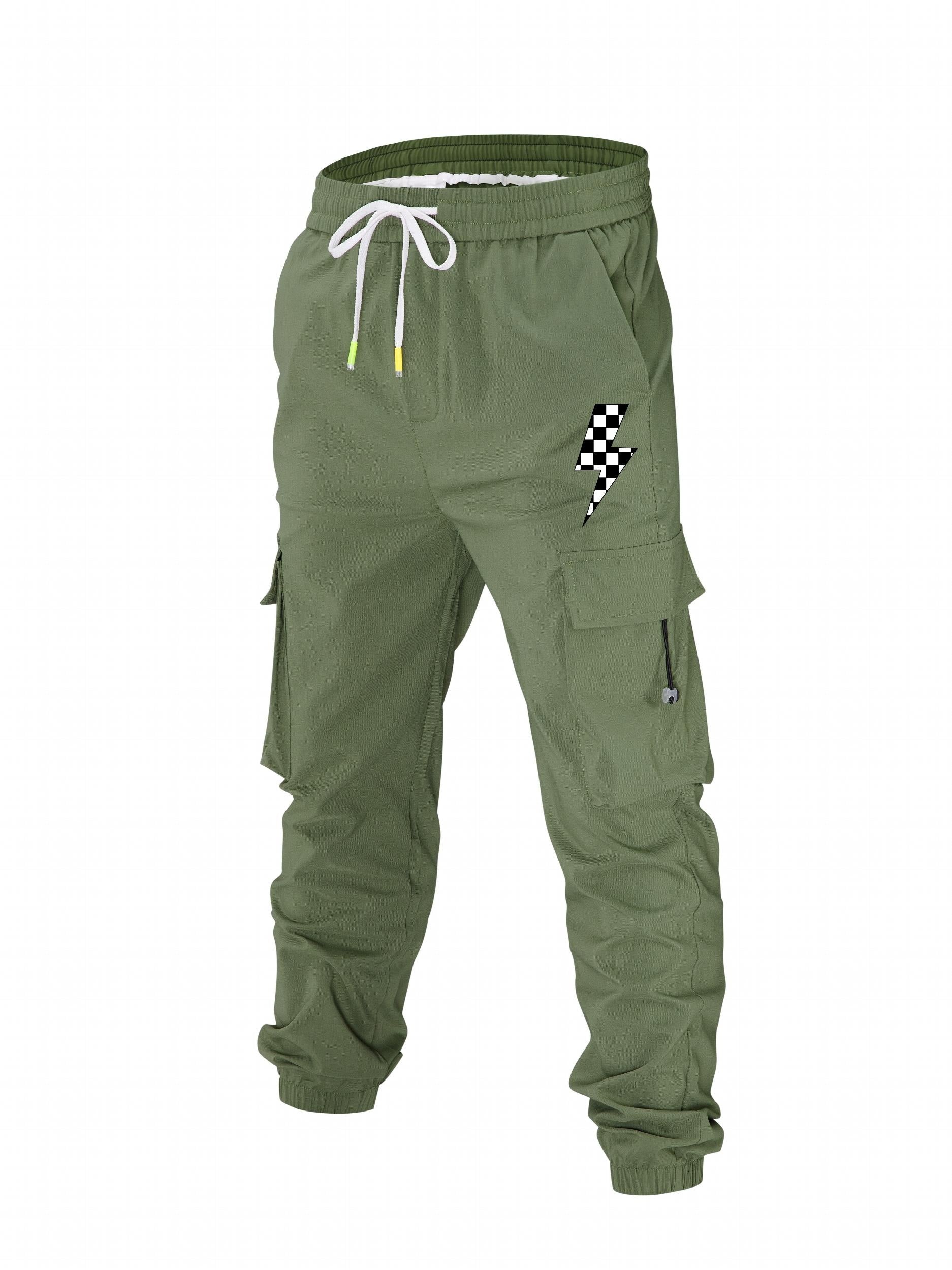 Checkerboard Lightning Print Cargo Pants Men's Drawstring Joggers