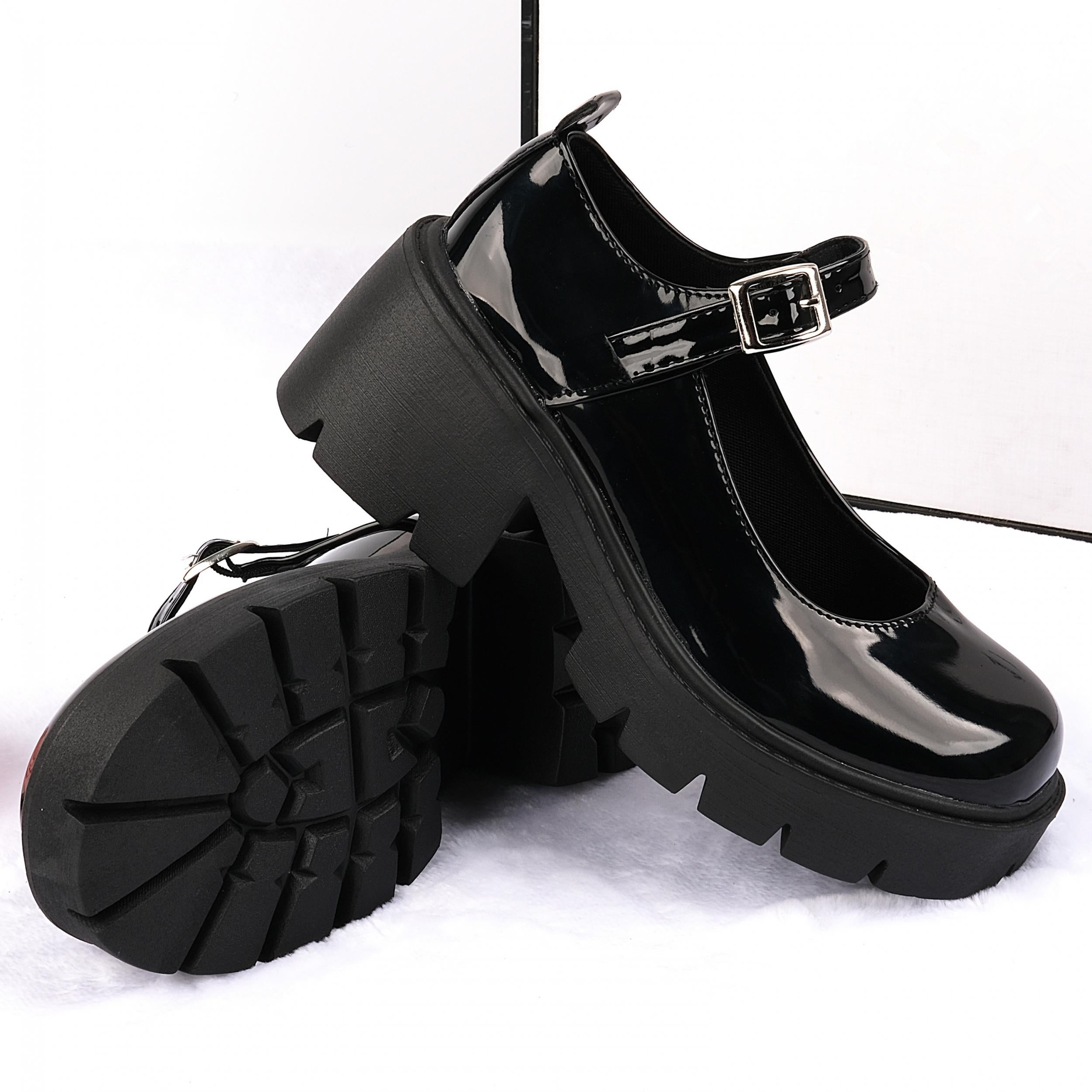 Women's Chunky Heeled Mary Jane Round Toe Patent Leather Loafers