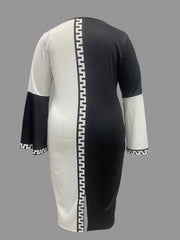  Colorblock Geometric Print Bell Sleeve Round Neck Dress