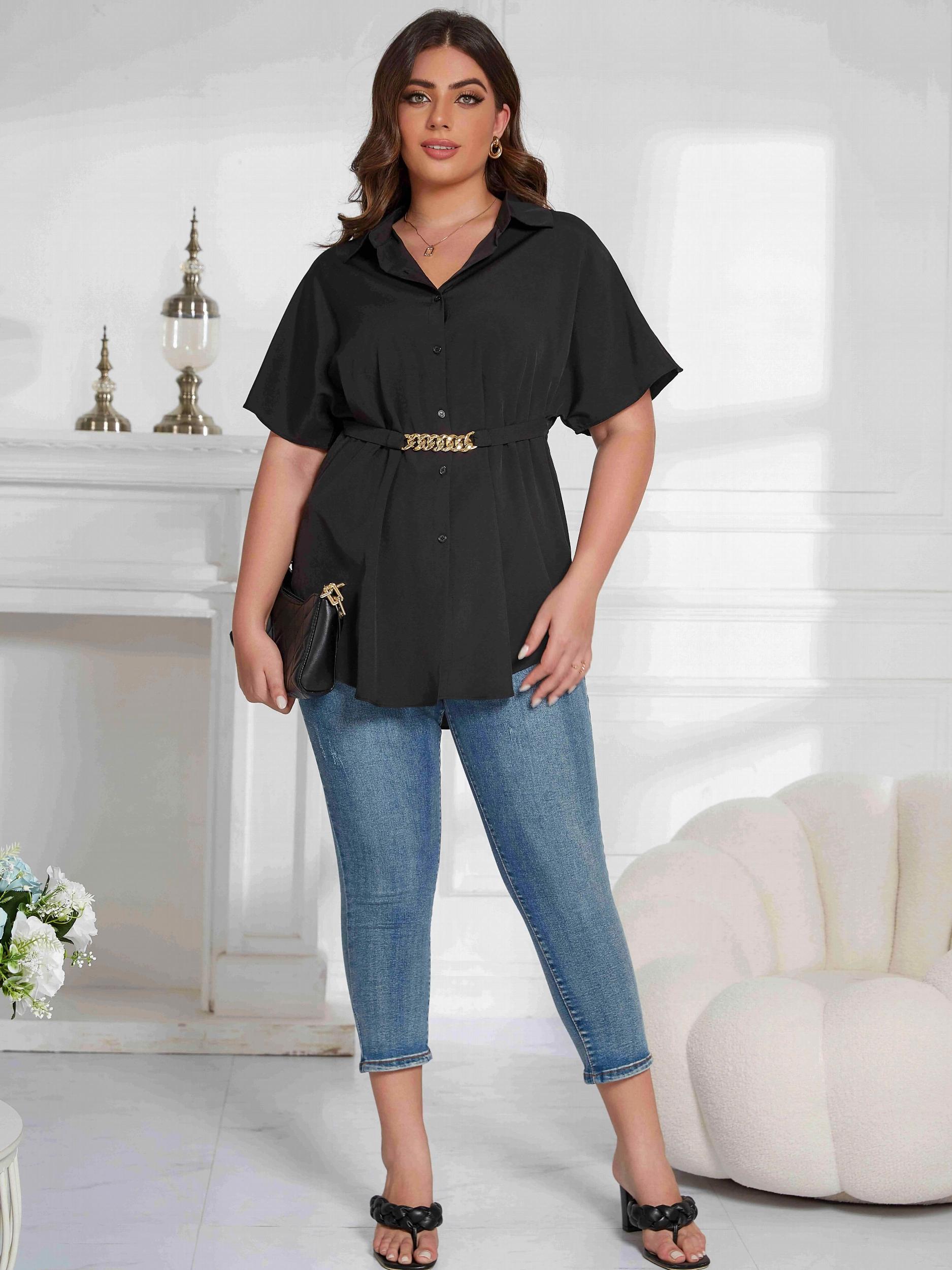  Solid Button Up Batwing Sleeve Tunic Shirt Top