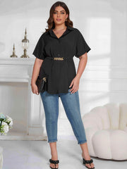  Solid Button Up Batwing Sleeve Tunic Shirt Top