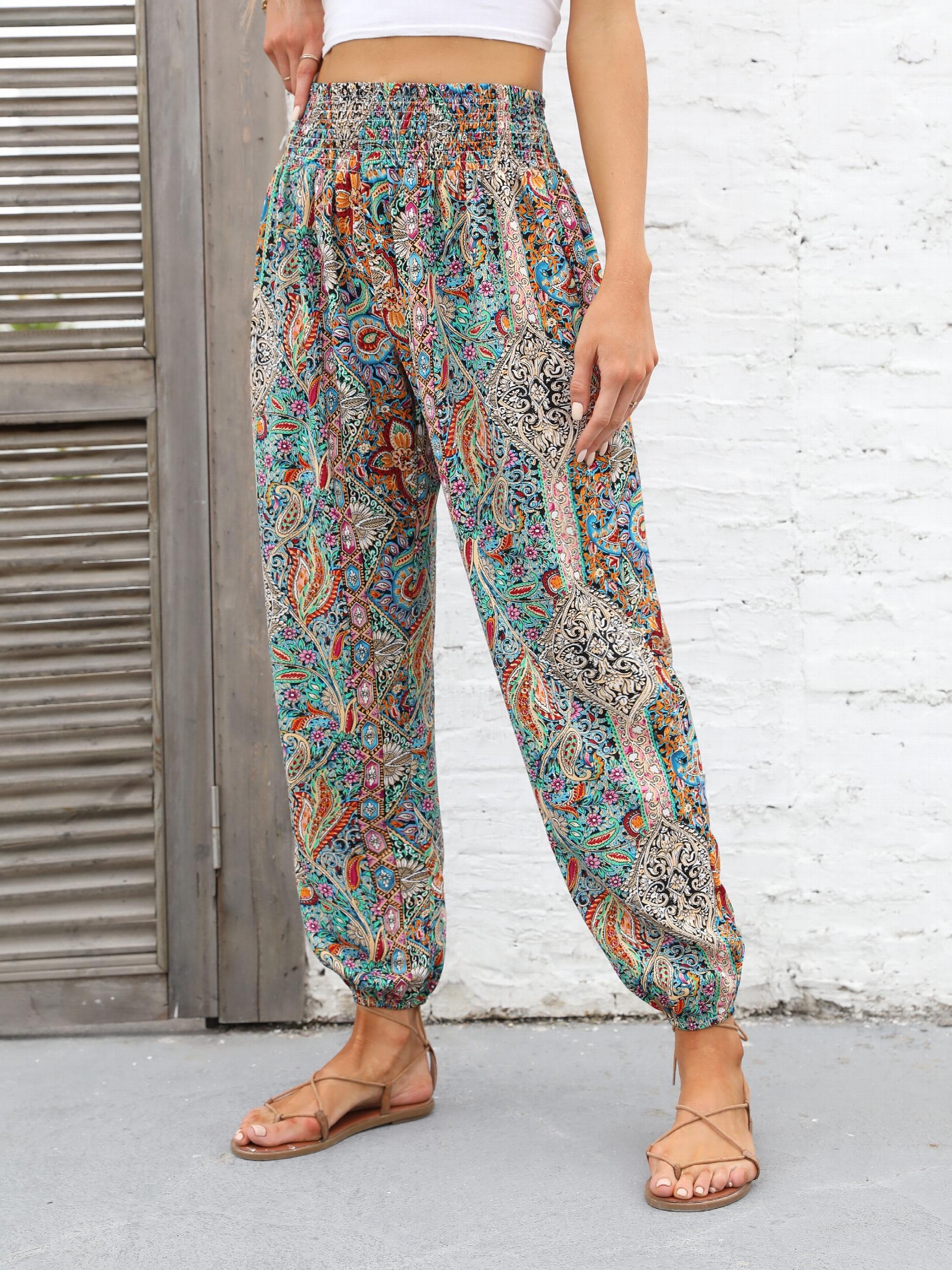 Paisley Print Smocked Waist Harem Pants Boho Pants