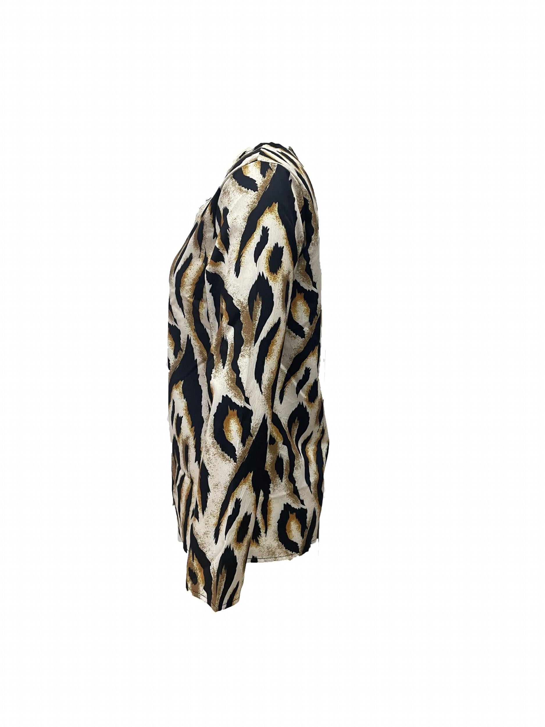  Leopard Print Button Up Long Sleeve V Neck Blouse