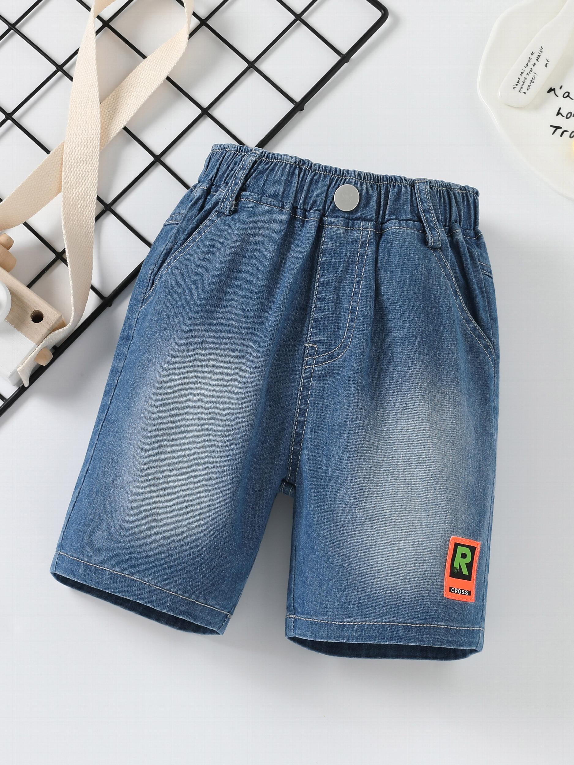 Boys Stylish Letter Print Denim Shorts Elastic Waist Stretch Denim Shorts