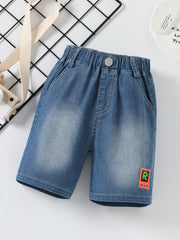 Boys Stylish Letter Print Denim Shorts Elastic Waist Stretch Denim Shorts