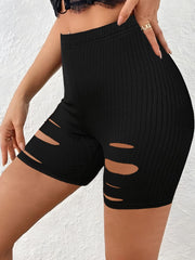  Ribbed Cut Out High Rise Slim Fit Shorts