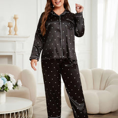  Satin Heart Print Pajama Set Shirt & Pants Lounge Two Piece