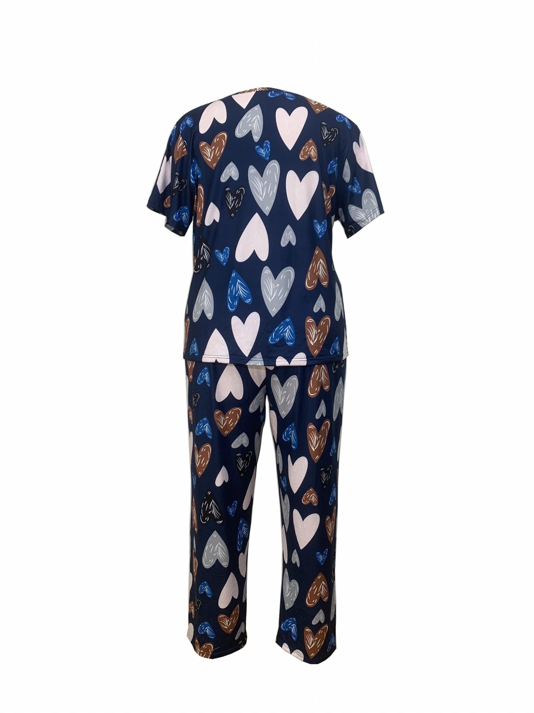  Heart Print Pajama Set - Short Sleeve T-shirt & Pants