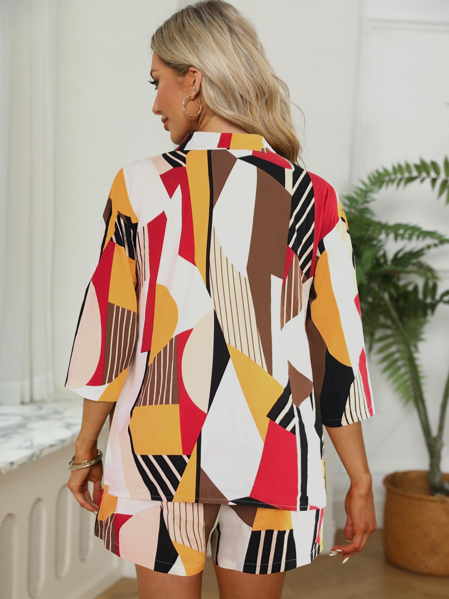 Casual Block 2pc Set Shirt & Drawstring Shorts Outfits Women's Clothing