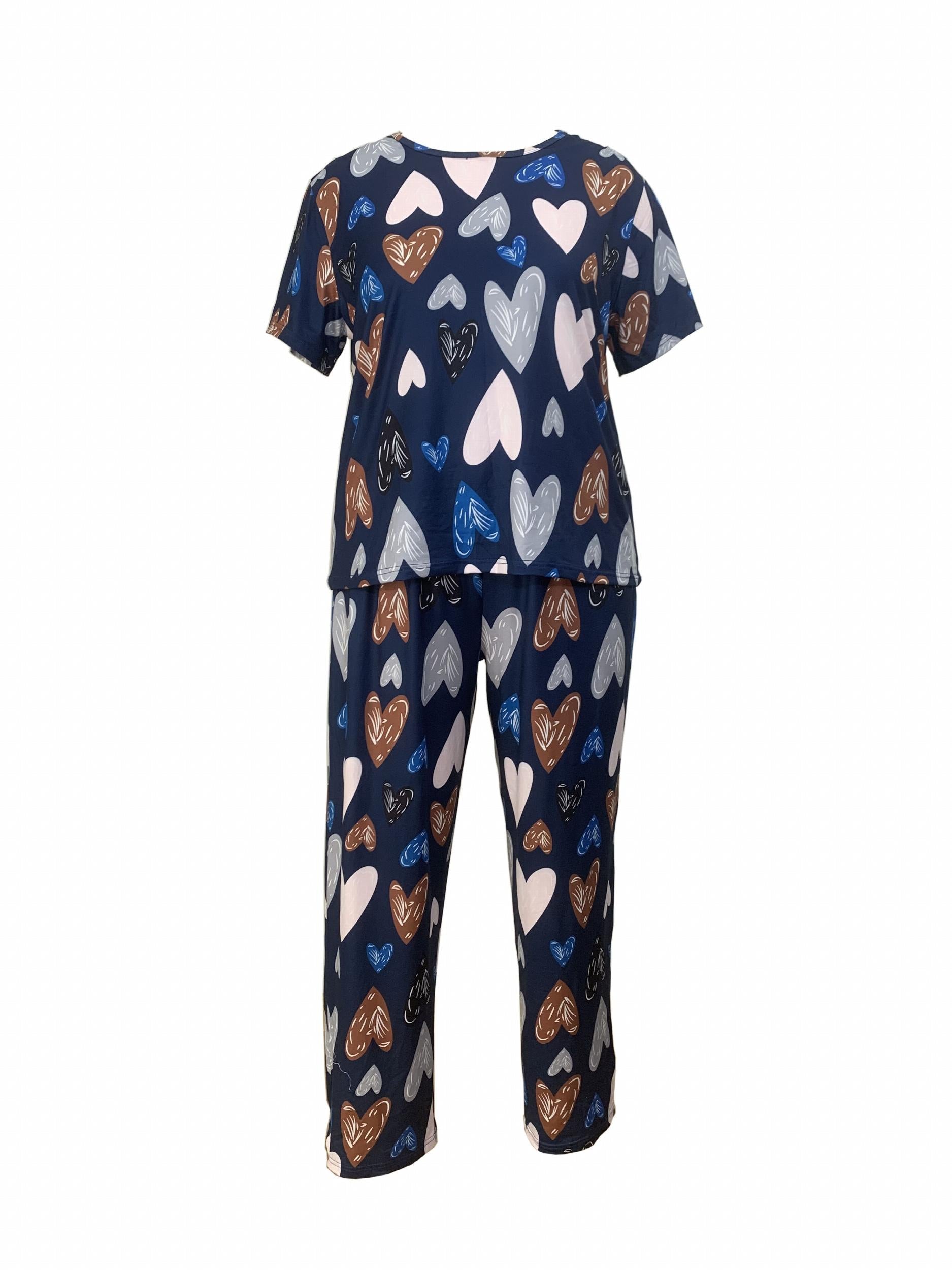  Heart Print Pajama Set - Short Sleeve T-shirt & Pants