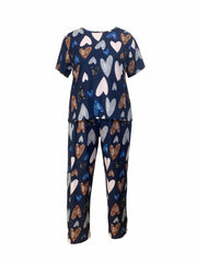  Heart Print Pajama Set - Short Sleeve T-shirt & Pants