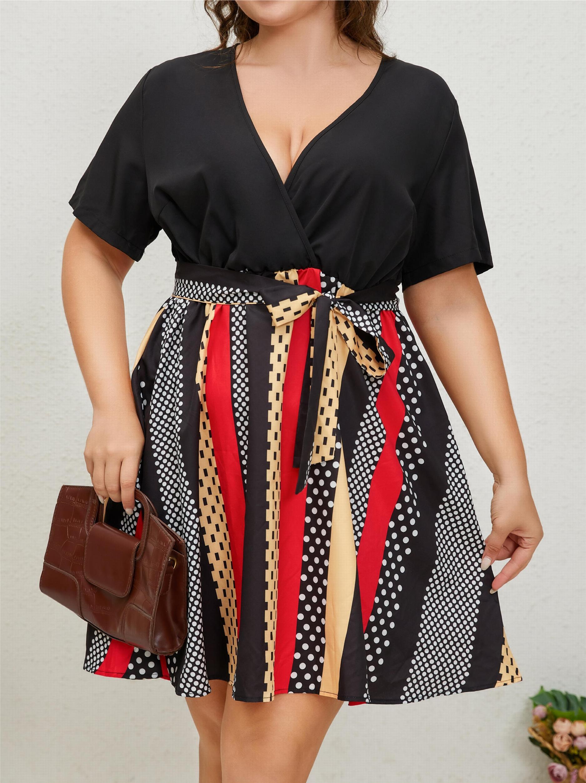  Colorblock Polka Dot Print Short Sleeve Dress