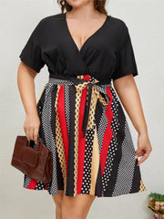  Colorblock Polka Dot Print Short Sleeve Dress
