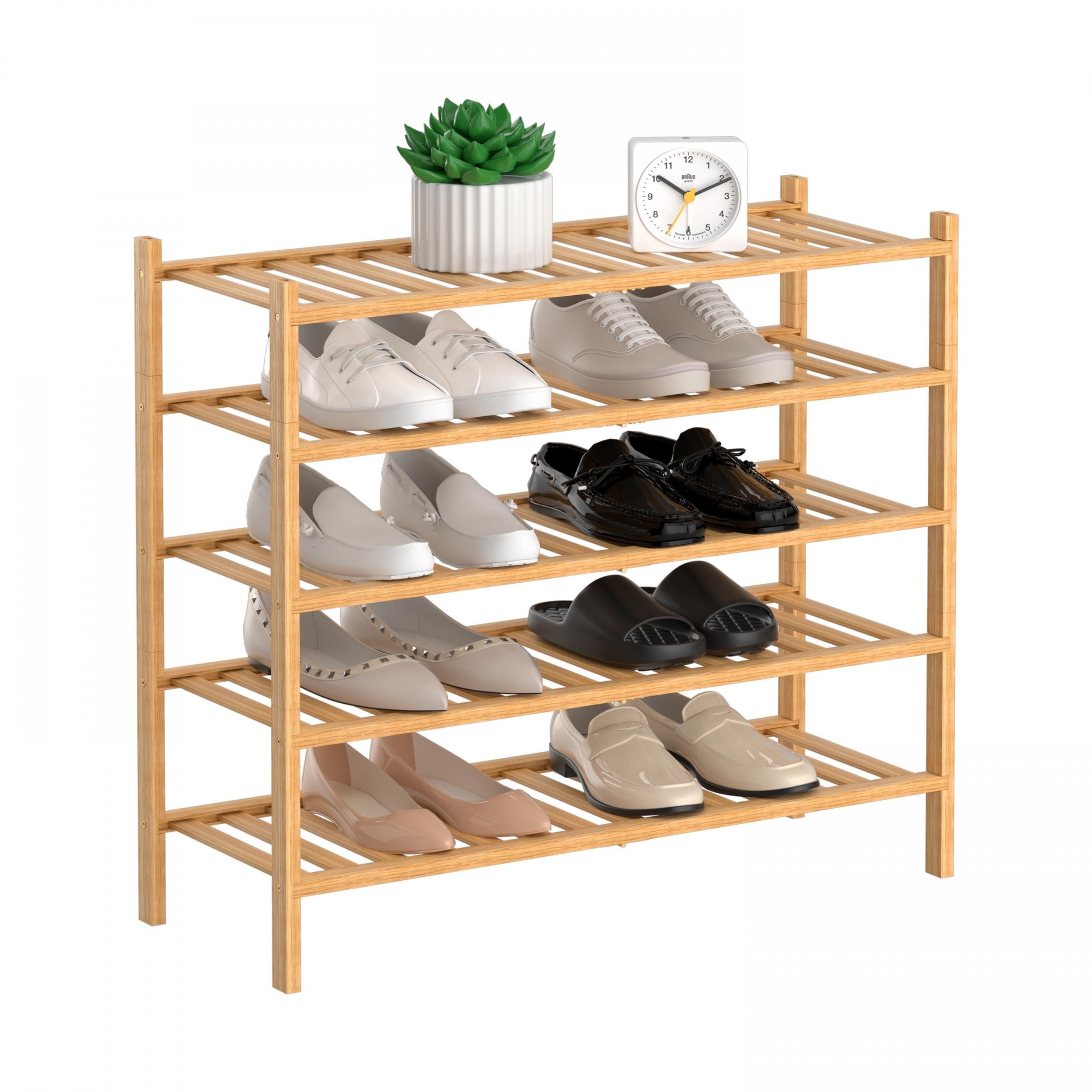 5 Tier Bamboo Shoe Rack Stackable Storage Shelf for Entryway Bedroom Bathroom