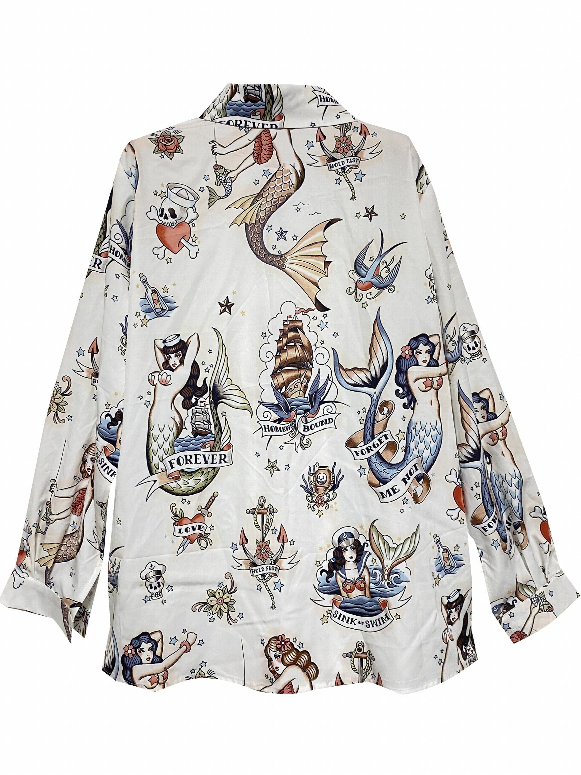  Graphic Print Button Up Blouse