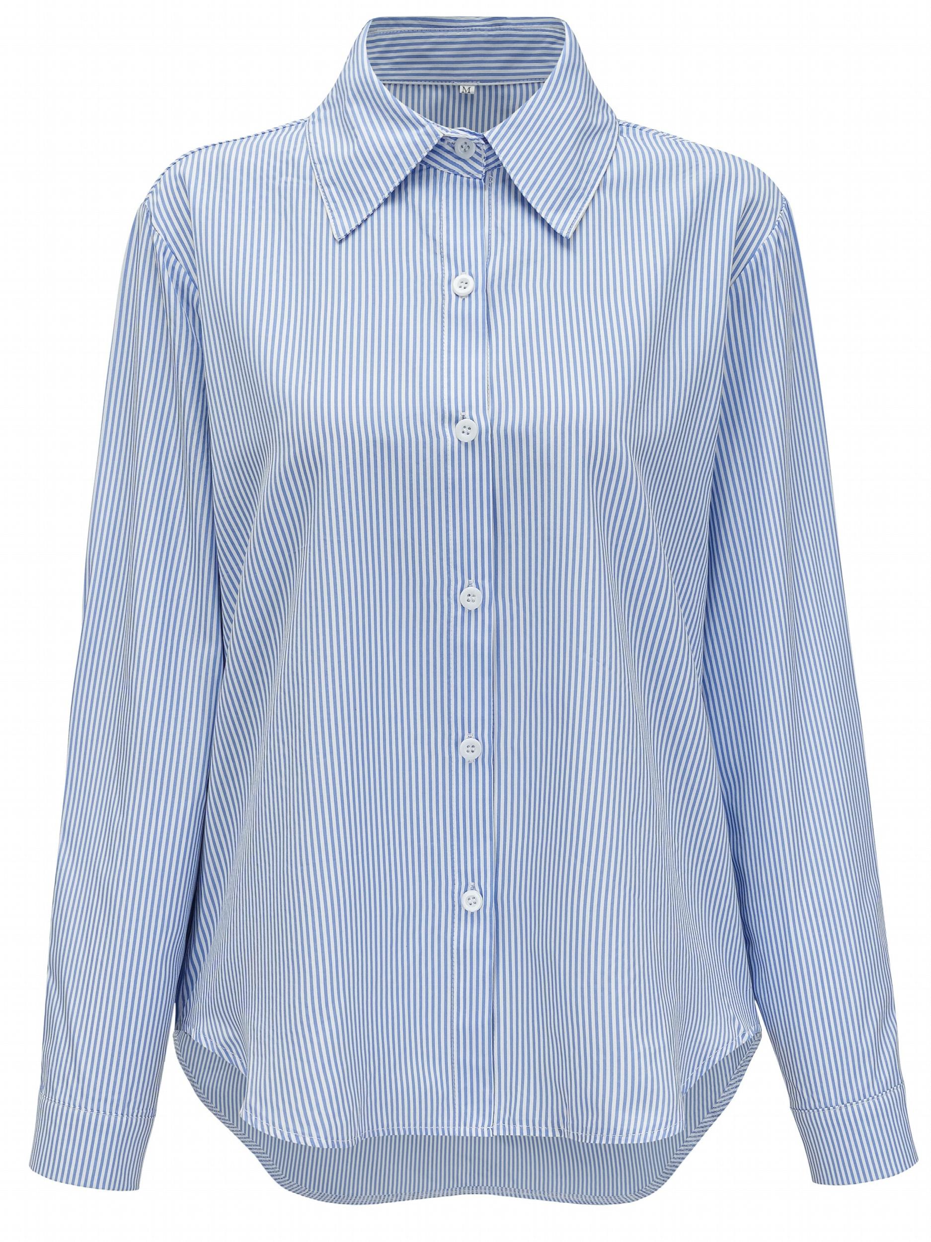  Stripe Print Button Up Roll Up Sleeve Blouse