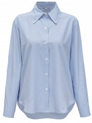  Stripe Print Button Up Roll Up Sleeve Blouse