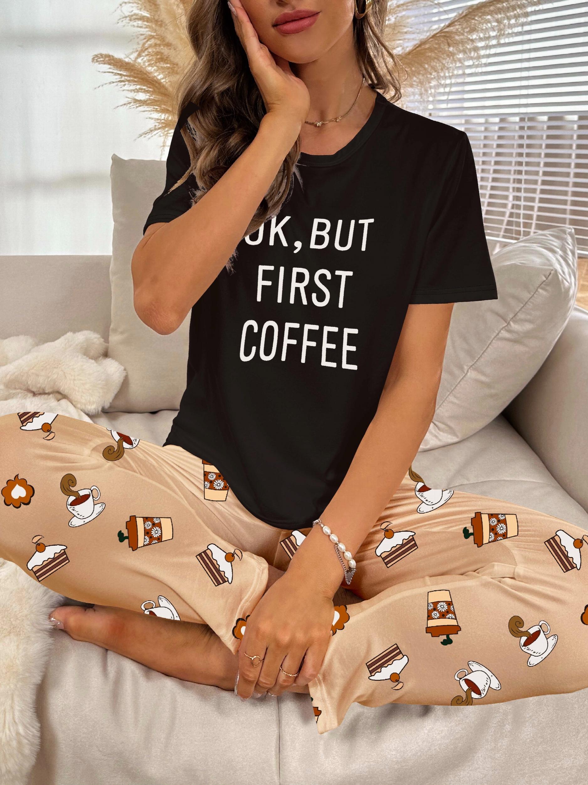 Letter Print Pajama Set Short Sleeve Top & Pants Sleepwear