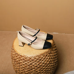 Women's Colorblock Chunky Heels Square Toe Dress Pumps