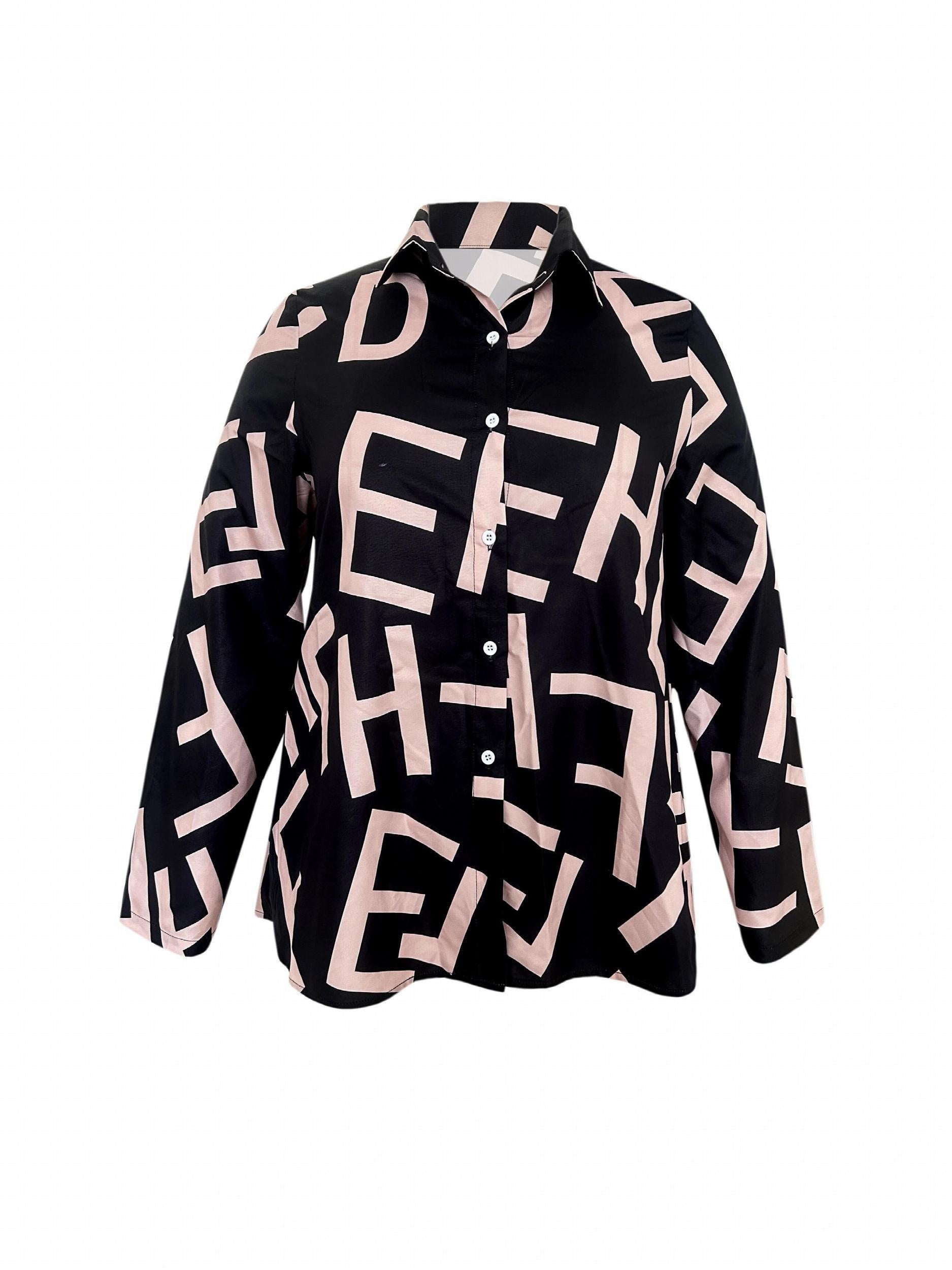  Blouse Women's Plus Letter Print Long Sleeve Shirt