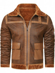 Men's Fleece PU Biker Jacket Zip Up Lapel Leather Jacket