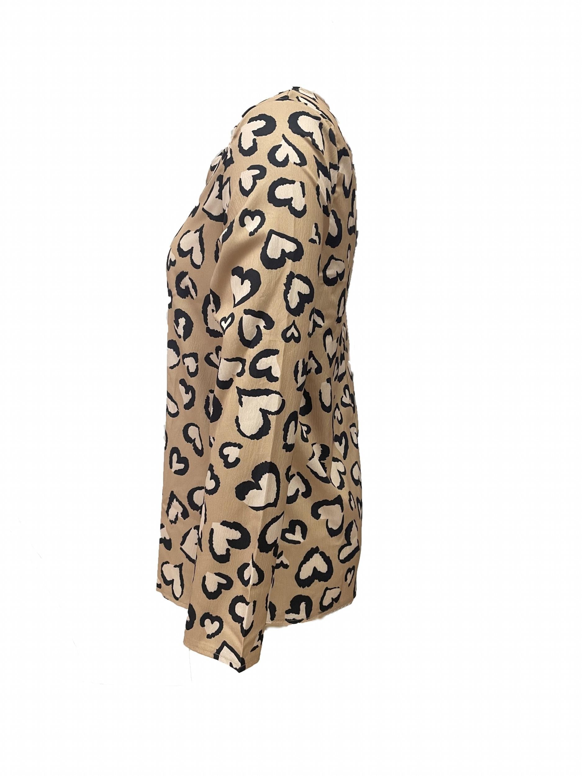  Heart Print Button Up Blouse Long Sleeve V Neck