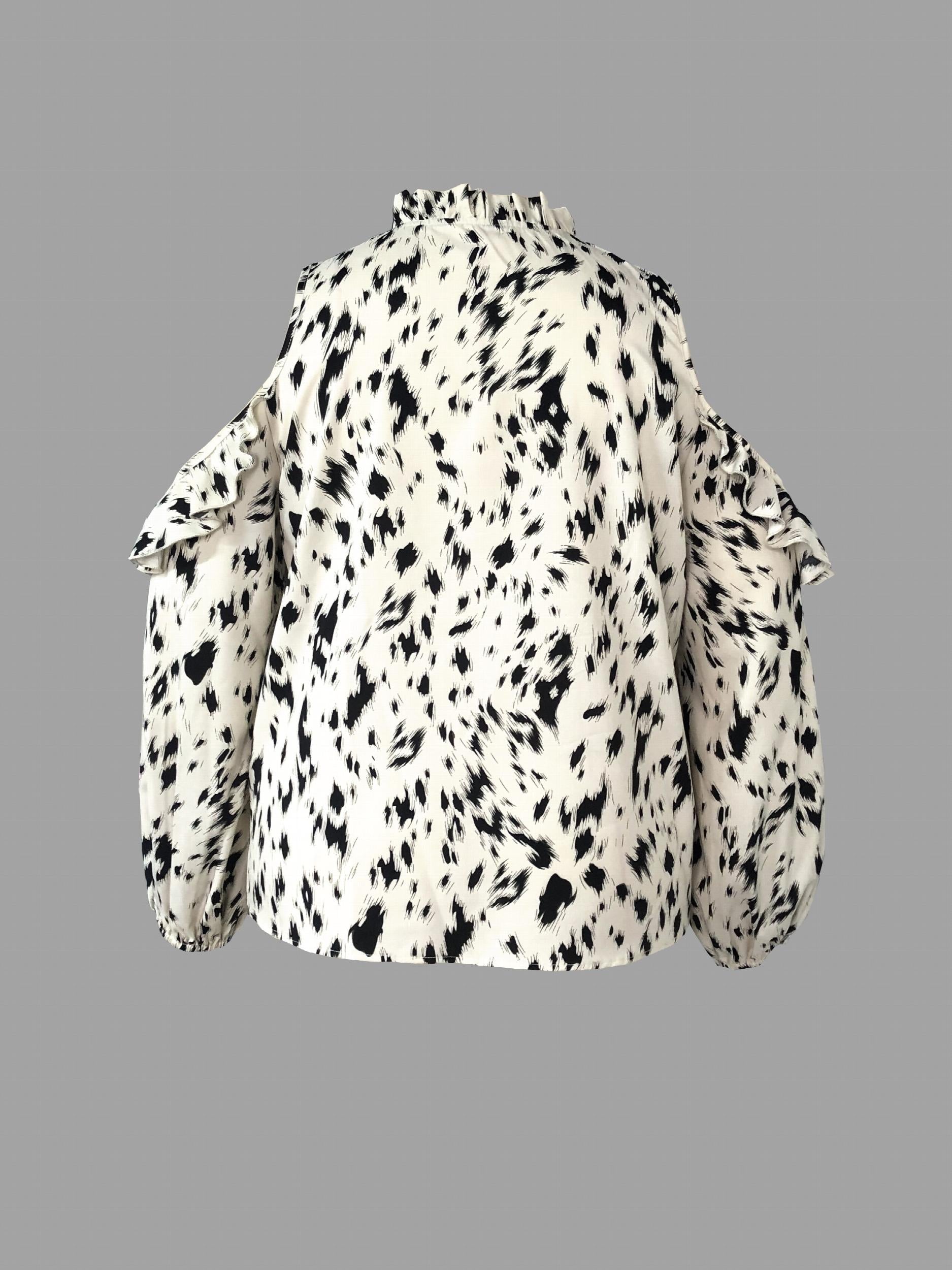  Leopard Print Ruffle Trim Cold Shoulder Blouse